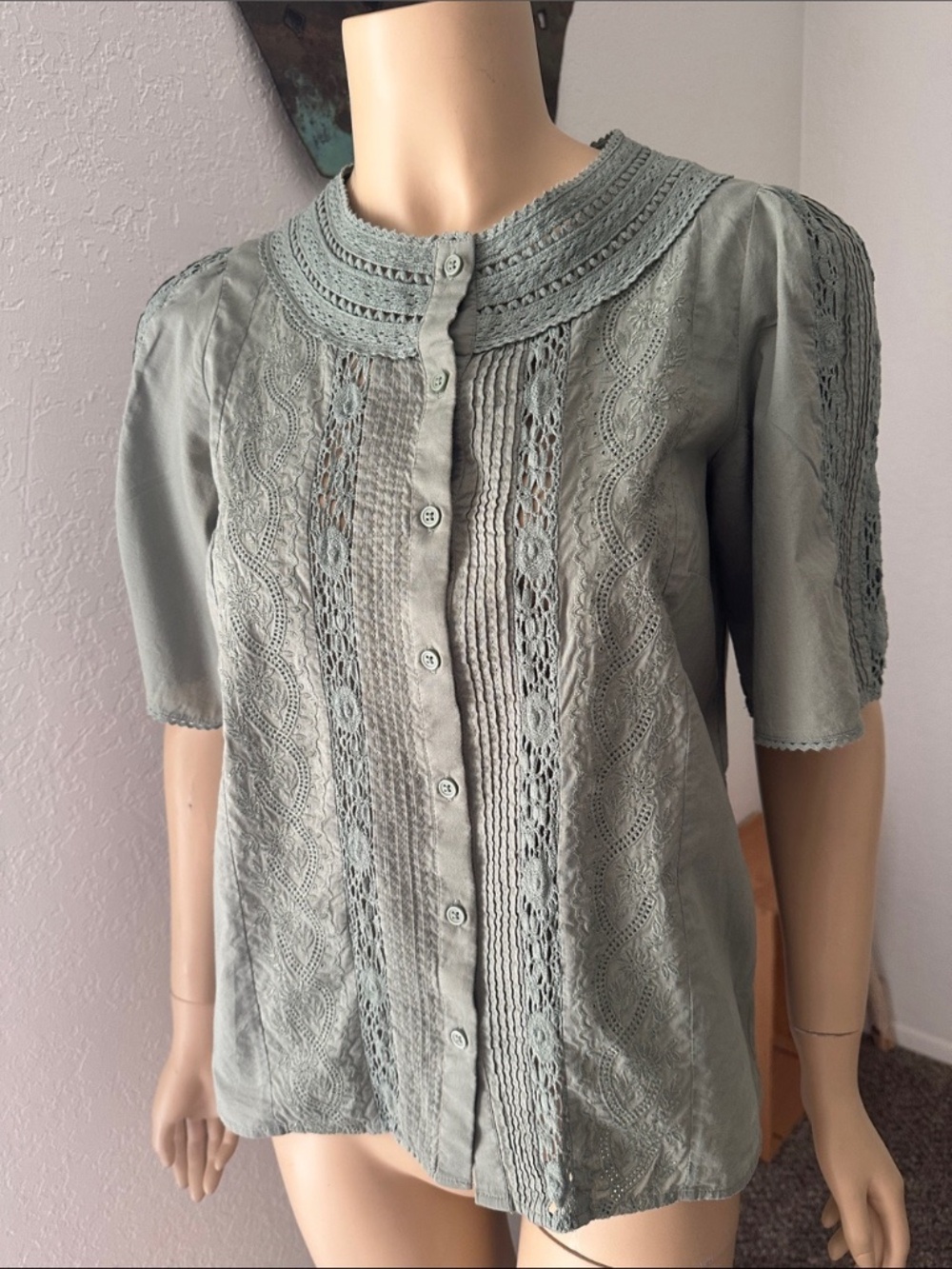 Sezane Embroidered Jane Blouse in Verdigris 34 USA 2 - Picture 7 of 10